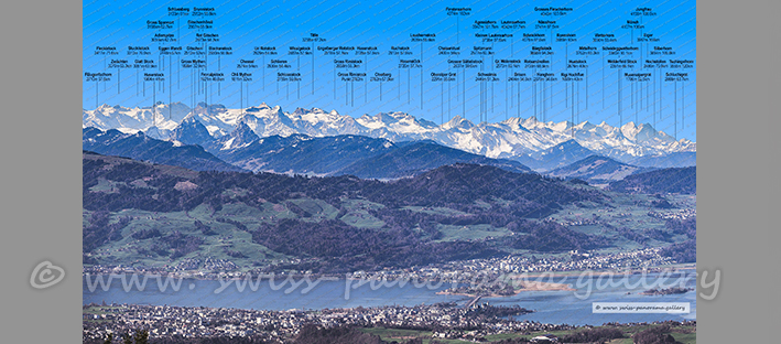 Bachtel Kulm, Blick nach Rapperswil mit der Urner und Berner Alpen Alpenpanorama