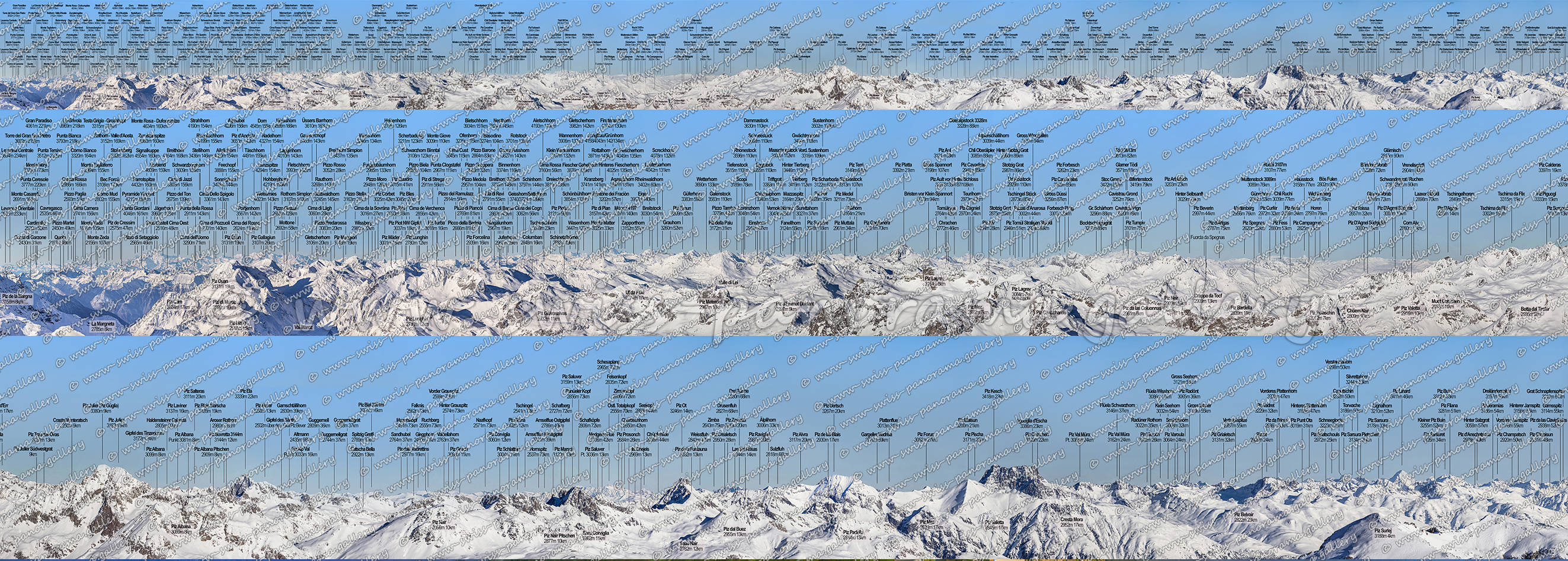 Swistzerland panorama Diavolezza Diavolezza Panorama, Schweizer Alpenpanorama, swiss-panorama.gallery, Gipfelpanorama Piz Corvatsch Fernblick von Gran Paradiso, Monte Rosa und den Walliser Viertausendern
