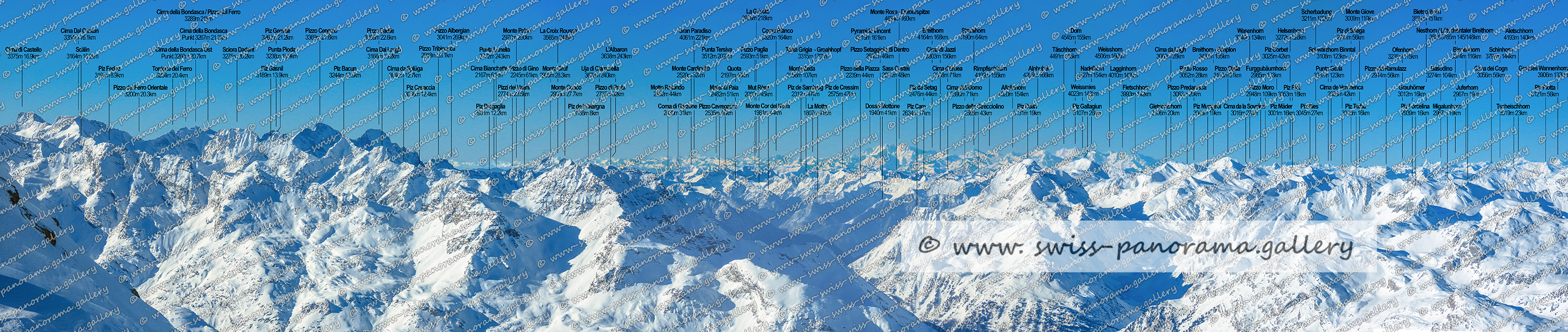 Swistzerland panorama Diavolezza Diavolezza Panorama, Schweizer Alpenpanorama, swiss-panorama.gallery, Gipfelpanorama Piz Corvatsch Fernblick von Gran Paradiso, Monte Rosa und den Walliser Viertausendern