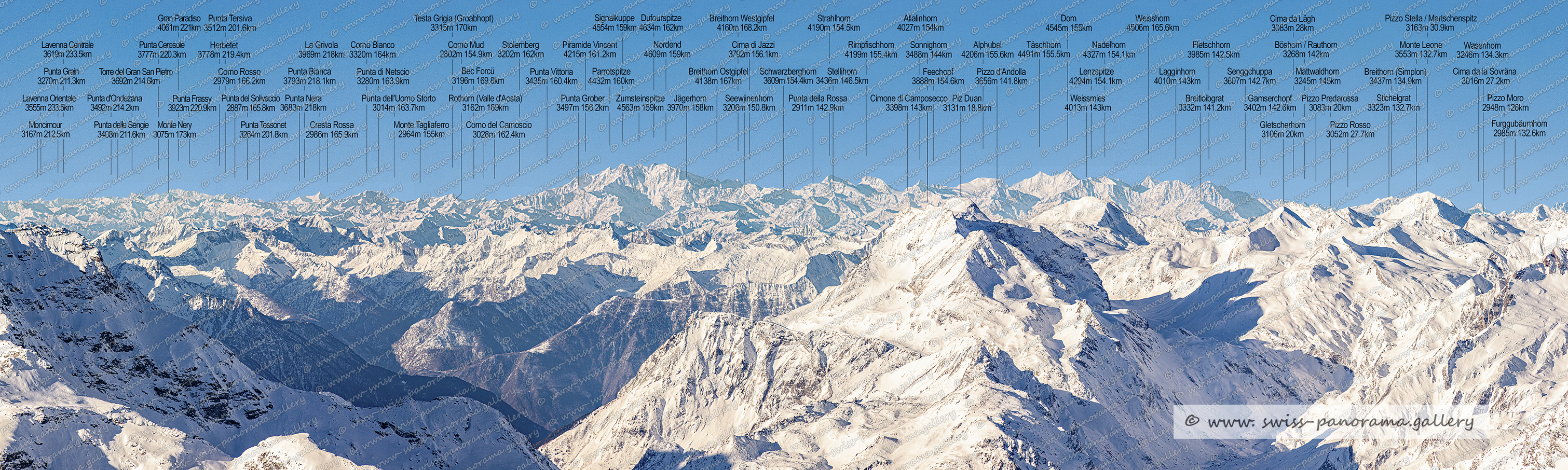 Swistzerland panorama Diavolezza Diavolezza Panorama, Schweizer Alpenpanorama, swiss-panorama.gallery, Gipfelpanorama Piz Corvatsch Fernblick von Gran Paradiso, Monte Rosa und den Walliser Viertausendern