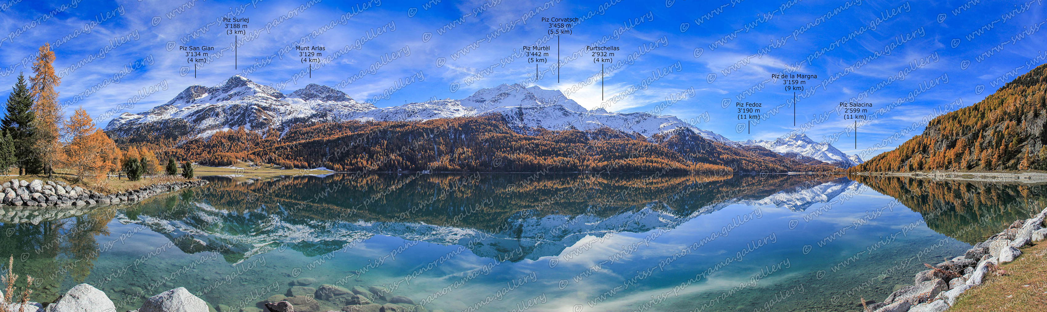 swiss panorama gallery Engadiner Seeen Silvaplanersee panorama Lake Silvaplana Upper Engiadina Lakes Area Piz Salacina 2'599 m (11 km), Piz Fedoz 3'190 m (11 km), Piz de la Margna 3'159 m (9 km), Furtschellas 2'932 m (4 km), Piz Corvatsch 3'458 m (5.5 km), Piz Mortel 3'442 m (5 km), Munt Arlas 3'129 m (4 km), Piz San Gian 3'134 m (4 km), Piz Surley 3'188 m (9 km)