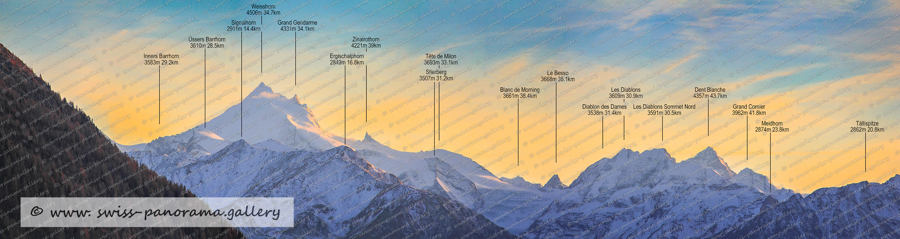 Beschriftetes Alpenpanorama Beschriftetes Alpenpanorama Lauchernalp, Fernblick von der Lauchernalp zum Weisshorn, Zinalrothorn 4221m 39km, Grand Gendarme 4331m 34.1km, Weisshorn 4506m 34.7km, Signalhorn 2911m 14.4km, Üssers Barrhorn 3610m 28.5km, Inners Barrhorn 3583m 29.2km, Ergischalphorn 2849m 16.8km, Tête de Milon 3693m 33.1km, Stierberg 3507m 31.2km, Blanc de Morning 3661m 38.4km, Dent Blanche 5357m 43.7km, Les Diablons 3609m 30.9km, Les Diablons Sommet Nord 3591m 30.5km, Diablon des Dames 3538m 31.4km, Grand Cornier 3962m 41.8km, Tälliispitze 2862m 20.8km, Meidhorn 274m 23.8km, Besso 3668m 38.1km,