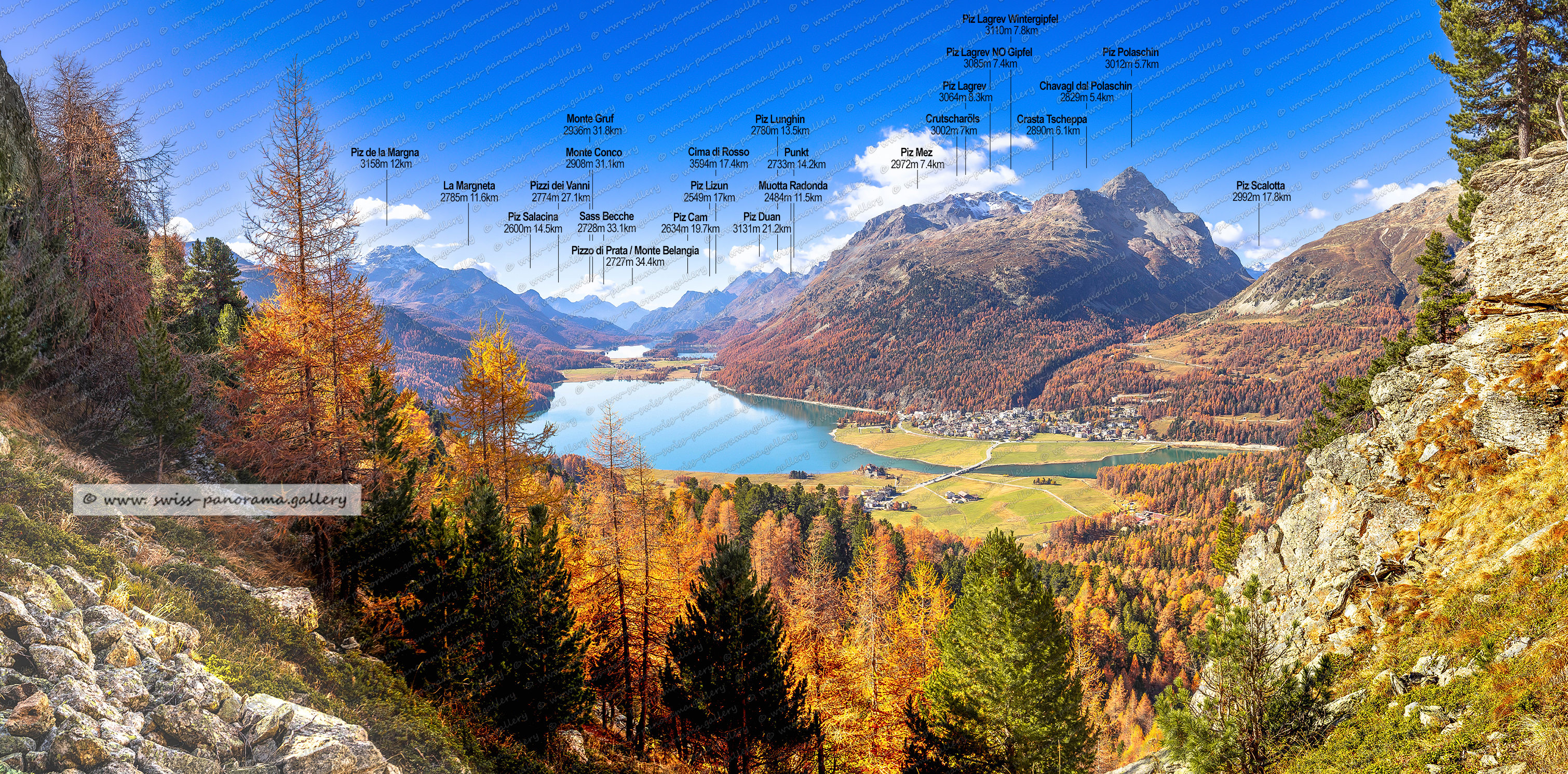 Beschriftetes Alpenpanorama, Oberengadiner Seeinplateau, Beschriftetes Schweizer Alpenpanorama Oberengadin, High resolution panorama photos from Switzerland, Panoramic picture of the Swiss Alps, Panoramic photos of the Swiss Alps, Beschriftetes Panorama Säntis, Swiss Alps, swiss-panorama.gallery, famous Swiss Alps, Swiss Panorama Gallery, labelled mountain panorama from Switzerland, mountain panoramas from Switzerland, Panoramic photo of the Swiss mountains,  Iconic Swiss Alps, panoramic photo prints, Pizzi di Vanni  2774m 27.1km, La Margneta 2785m, Piz Cam 2634m (GR) – Bregaglia, Piz de la Margna 3158m, Pizzo di Prata 2727m hinter Monte Belangia und Cima di Droso, Monte Conco 2908m, Piz Salacina 2600m (GR) - Bregaglia 2600Sass Becche 2728m 33,1km, Piz Lizun 2549m (GR) - Bregaglia    Höhe Landeskarte, Muotta Radonda 2484m  (GR) - Sils im Engadin/Segl, Cima di Rosso 2594 (GR) Bergell, Piz Lunghin 2780m, Crutscharöls 3002m, Piz Lagrev 3064m, Piz Mez 2972m, Piz Duan 3131m  (GR) – Bregaglia, Punkt 2733m, Crasta Tscheppa 2890m  (GR) - Sils im Engadin/Segl, Crasta Tscheppa 2890m  (GR) - Sils im Engadin/Segl, Piz Lagrev NO Gipfel 3085m, Chavagl dal Polaschin 2829m, Piz Polaschin 3012m, Piz Scalotta