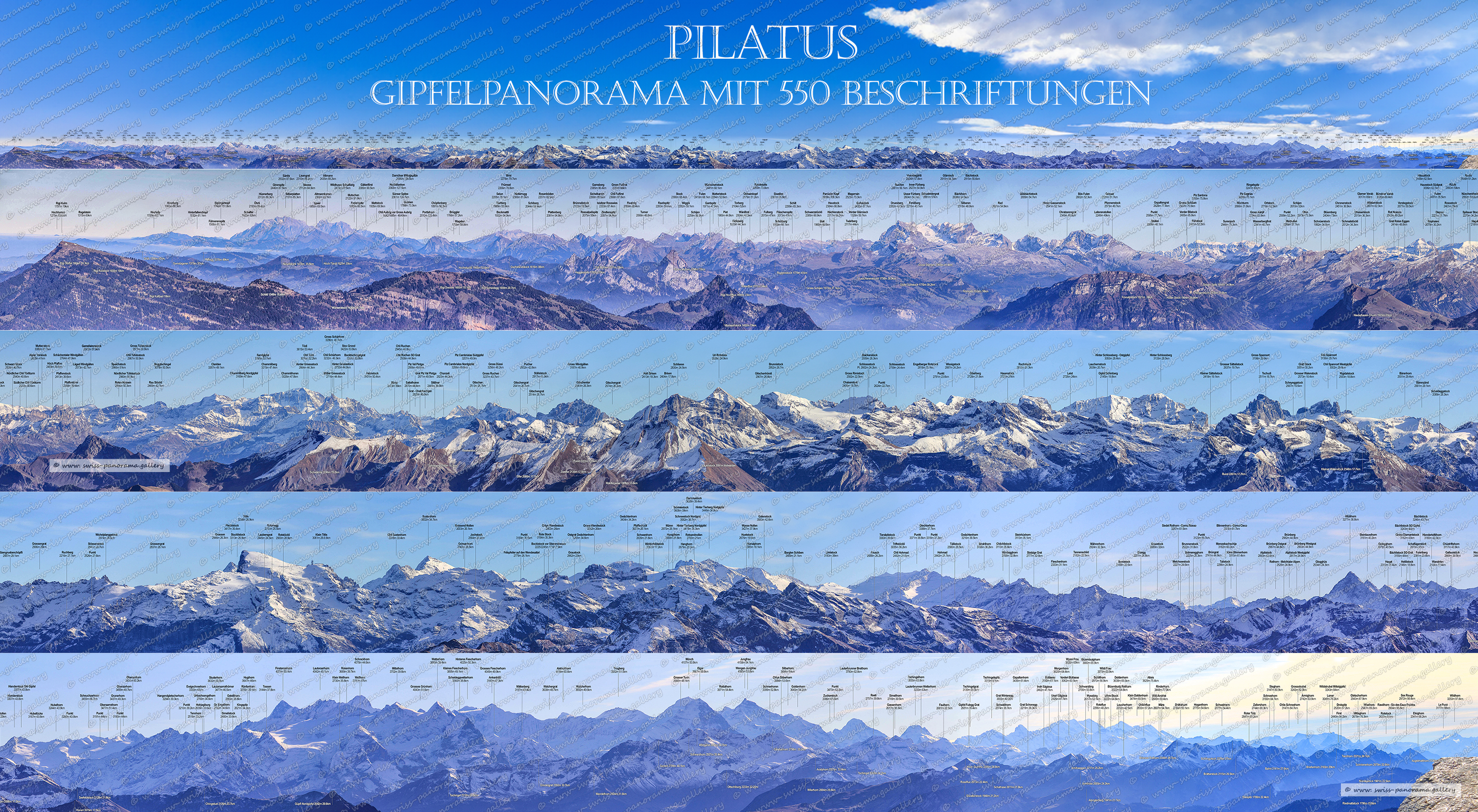 Switzerland panorama swiss panorama gallery beschriftetes Alpenpanorame vom Pilatus mit über 550 Beschriftungen.
 
