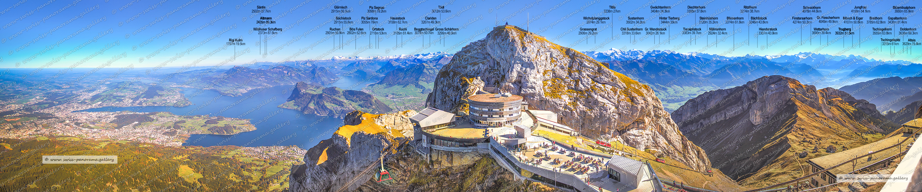 Switzerland panorama swiss-panorama.gallery, Alpenpanorama vom Gipfel des Pilatus, Pilatus Bahn, Pilatus Seilbahn, Rigi 1'798 m 19.4 km. Säntis massif 2'502 m 87.6 km, Bös Fulen 2'802 m 52.3 km, Glärnisch massif 2'914 m 56.1 km, Clariden 3'567 m 49.2 km, Niederbauen 1'923 23.1 km, Hausstock 3'158 m 62.6 km, Tödi 3'614 m 63.4 km, Sustenhorn 3'503 m 34 km, Titlis 3'238 m 26 km, Mährenhorn  2'922 m 32.2 km, Gwächtenhorn 3'420 m 34.2 km, Steinhüshorn 3'121 35.1 km, Diechterhorn 3'989 35.1 km 37.7 km, Finsteraarhorn 4'274 m 50 km, Lauteraarhorn 4'042 m 45 km, Bächlistock 3'247 m 43.7 km, Hienderstock 3'307 m 43.7 km, Ritzlihorn 30263 m 38.5 km, Eiger & Mönch 3'907 & 4107 m 49 / 51 km, Jungfrau 4'456 m 54.1 km, Blüemlisalp 3'663 m 67 km, Schreckhorn 4'078 m 45 km  swiss panorama gallery Pilatus panorama