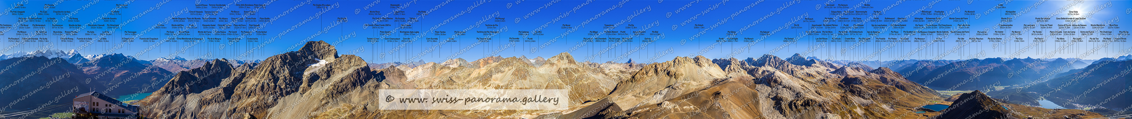 Beschriftetes Alpenpanorama vom Piz Nair St. Moritz, Swiss mountain panorama, Schwemser Spitze, auch Oberettesspitze 3459m Südtirol, Trentino-Südtirol, Italien< Piz Viroula 3061m (GR) – Zuoz, Piz d'Arlas (GR) – Poschiavo< , Piz Cambrena 3606m 19.9km, Piz Zupò 3996m 107.7km, Piz Zupò 3996m 107.7km, Piz Rosatsch  3121m GR, Piz Boval 3353m GR, Piz Spinas 3823m GR   , Piz Palü 3899m GR, Piz Palü Ostgipfel 3883m GRPiz Misaun (GR) - Pontresina 3249m, Bellavista Pubkt 3887m, Piz Tschierva 3545m GR, Piz Surlej 3188m  (GR) – Silvaplana, Piz Morteratsch 3751m GR, Bellavista Orientale 3799m GR, Fuorcla Scerscen-Bernina 3822m, Chapütschin da Naiv 3874m  Schneehaube, Piz Bernina, Munt Arlas 3127m  (GR) – Silvaplana, LiniPiz Scerscen 3971m GR e 3, Muotta da Naiv 3917m   Vorgipfel de beim Piz Roseg auch Schneekuppe genannt, Piz Roseg 3935 gemäss Landeskarte, La Spedla 4080,, Piz Scerscen, Piz Sella 3506m 106.4km, Dschimels I Gemelli 3502m    , Roseg Pitschen3867m  (GR) – Samedan, La Sella 3584   ist in der Nähe des Piz Sella OberengadinLa Sella 3584   ist in der Nähe des Piz Sella Oberengadin, Piz Tremoggia 3441  im Val Fex Grenzberg zu Italien, La Sella 3584   ist in der Nähe des Piz Sella Oberengadin, Piz Glüschaint 3594m(GR) – Samedan, Cima die Sondrio 3539 bei La Sella, Il Chapütschin 3386m (GR) – Samedan, Monte Disgrazia 3678m 113.3km Bernina-Alpen Lombardei Italien, Piz Taviela 3612m Italien, Monte dell'Oro 3154m  (GR) - Bregaglia              Monte dell Oro, Piz Murtel 3433m (GR) - Samedan Silvaplana   auch Piz Murtèl geschrieben, Piz Fora, Piz Corvatsch 3451m (GR) - Samedan / SilFuorcla de la Sella 3250m, Hauptgipfel Piz d'Arlas (GR) - Poschiavo 3467m, Piz Led 3087m (GR) - Sils im Engadin/Segl, Piz Led 3087m (GR) - Sils im Engadin/Segl, Pass Fuorcla dal Chapütsch 2930m (GR) - Sils im Engadin/Segl, Monte,  Pioda 3431m bei Monte Disgrazia in Italien, Piz de la Margna 3158m, Cima Meridionale di Chiareggio 3092m, Punkt 3104m, Punta Rasica, Pizzo del Muretto 3107m Bregaglia ist ein Grenzberg zu Italien, Kleopatra Nadel 3234 m, Cima di Rosso 3365(GR) – Bregaglia, Torrone Centrale 3280, Pizzo Quadro 3014m, Piz Platta3391m  (GR) – Surses, Piz Traunter Ovas 3152m (GR) – Bever, Tschima da Flix Westgipfel 3301m  (GR) – Bever, Tschima da Flix 3315m  (GR) – Bever, Hauptgipfel Mazzaspitz 3164m  (GR) – Surses, Monte Rosa 4634m, Grat Muntognas digls Lajets 2904m  (GR) – Surses, Monte Mater 3025, Tälihorn 3164m  (GR) – Surses, Hauptgipfel Jupper Horn (GR) – Avers, Piz Pombi Pizzo Forato 2967m, Pizzo Tambo 3280m (GR) – Mesocco, Piz Surgonda 3195m (GR) – Bever, Hauptgipfel Corn Chamuotsch (GR) – Silvaplana, Piz Corbet Pizzo Sevino, Hauptgipfel Piz Scalotta 2991m (GR) – Surses, Corn Suvretta3071m  (GR) - St. Moritz, Punkt 3160, Torrone Occidentale 3349m, Cima dal Cantun 3353m Bragaglia  , Monte del Forno 3213m  (GR) – Bregaglia, Piz Albana, Torrone Orientale, Piz Polaschin 3012m, Cima di Vazzeda 3301m Bergell Grenze zu Italien Val Forno, Grat Crutscharöls 3002m (GR) - Sils im Engadin/Segl  , Piz Casnil 3188m (GR) – Bregaglia, Cima dal Largh 3187m (GR) – Bregaglia, Sciora Dadent 3274m im BergellPunta Pioda 3237m im Bergell bei Sciora Dadent,  Cima della Bondasca 3233m GR Bregaglia, Pizzo Badile 3309m 28.1km, Piz Gügliet 3159m, Pizzo Cengalo 3369m 27.5km, Corn Alv , 2991m (GR) – Surses, Piz Güglia (Piz Julier) 3380m 2.7km, Tscheischhorn, Piz Picuogl 3333m (GR) – Bever, Piz Calderas 3396m (GR) – Surses, Pizzi Gemelli 3260m, Piz S Piz d'Err 3377m (GR) – Surses, uvretta 3143m (GR) – Bever, Piz Bever 3229m  GR , Piz Bever 3229m  GR     ,  Piz Mitgel 3158, (GR) – Surses, Pizzi del Ferro,  Piz Chembels 2980m  (GR) – Bever, Erzhorn 2922m GR, Piz d'Alp Val 3045m (GR) - Bergün Filisur, Piz Güz 3167m (GR) - Bregaglia  auch Piz Guez geschrieben auf Landeskarte steht Piz Güz, Piz Bleis Marscha (GR) - Surses 3128m, Punkt 3041m, Piz Bial 3061m GR Albula Alpen, Tinzenhorn 3173m  Corn da Tinizong (GR), Piz Ela 3338m, Piz Grisch 3098m GR, Aroser Rothorn 2980m G, Piz Corviglia 3060m GR, Piz Marsch 3120m GR, Piz Laviner (GR) – Surses, Piz Saluver 3160m (GR) - Celerina/Schlarigna, Piz Glüna 3105m (GR) - Celerina/Schlarigna, Piz Saluver 3160m (GR) - Celerina/Schlarigna, Keschnadel 3387m   (Aguoglia digl Kesch (GR) – Zuoz, Piz Üertsch 3268m  (GR) - Bergün Filisur GR         , Piz de la Funtauna 3092m, Alpiner Gipfel Piz Ot 3247m (GR) – Samedan, Hauptgipfel Piz Val Lunga (GR) – Surses, Piz Kesch 3417m, Las Set Rösas 3043 m GR, Piz Vadret 3228m (GR) – Zernez, Piz Val Müra 3162m  GR, Hauptgipfel Piz Sarsuret 3126m, Crasta Mora 2952m (GR) - La Punt Chamues-ch, Piz Sarsura 3176m, Piz Vallet, Fluchthorn 3396m 77.8km, Punkt 3126m, Hauptgipfel Piz Plattas 3030m (GR) – Scuol,) - Surses    Piz Padella 2856 (GR) – Samedan, Hauptgipfel Piz d'Arpiglias 3027m (GR) – Zernez, Scima da Rügiul  2966m  GratTasna 3179m, Stammerspitz 3254m 85km auch Piz Tschütta genannt, Piz Griatschouls 2971m (GR) - S-chanf, Hauptgipfel Piz d'Urezza 2906m, Grat Spi da Laschadura 3000m (GR) – Zernez, Muttler 3294m 87.5km, Spi da Baselgia 2945m 35km, Piz Nuna 3124m    Scuol    Landeskarte 3124m, Piz Plattas, Punkt 3049m, Rofelewand 97.9km Oetztaler Alpen, Piz Plavna Dadaint 3166m (GR) – Scuol, Punta Sertori 3195m, Glockturm 3353m, Piz Quattervals 3164m (GR) – Zernez, Wildspitze 3768m ist der höchste Berg Nordtirols und der Ötztaler Alpen, Grippa Nairau, Hauptgipfel Piz d'Astras (GR) – Scuol, Piz Linard 3411m, Piz Vadret Pitchen 3218m (GR) – Zernez, Weisskugel3738m, Il Corn 2959m, Monte Saliente Livigno Alpen 3048m 25.7km, Hauptgipfel Piz Tavrü 3167m (GR) - Val Müstair, Monte Cassa del Ferro 3140m, Piz Nair Pitschen  2877m, Piz da las Sterlas 3176m (GR) – Samedans, Monte Cassa del Ferro 3140m und Nebengipfel 3134m, Pizzo del Ferro 3154m, Piz Chaschauna 3070m (GR) - S-chanf, Piz Utèr 2967m (GR) - La Punt Chamues-ch, Piz da l'Acqua 3124m  () -, Hauptgipfel Piz Mezzaun  2963m (GR) - La Punt Chamues-ch, Alpiner Gipfel Piz Murtaröl Cima la Casina () -, Piz Clüx 3129m (bei Piz Muragl), Linie 5Thurwieserspitze 3652m Italien, Piz Pischa 3137m (GR) – Pontresina, Piz Vadret 3199m (GR) – Samedan, Hauptgipfel Piz Muragl 3157m  (GR) – Pontresina, Königspitze 3851m (Gran Zemrü), Monte Zebrü  3736m, Piz Lavirun 3058m, Ortler 3005m, Cima de’ Piazzi 3429m Italien ist der höchster Berg der Livigno Alpen, Punta San Matteo 3678m Hauptkamm der Ortler Alpen höhe gemäss wiki, Hauptgipfel Piz Lagalb2959m  (GR) – Pontresina,     Cima Settentrionale di Lago Spalmo 3356m, Pizzo di Dosde 3280m 35.3km, Corn da Camp 3236m Graubünden Region Bernina Pass, Hauptgipfel Piz dal Teo 3047m (GR) – Poschiavo, , Cima Viola 3375m Italien, Piz Mezdi 2991m  (GR) - St. Moritz, Munt Pers 3207m, Piz Chalchagn 3154m GR zwischen Val Roseg und Val Mortaratsch, Hauptgipfel Piz Albris 3165m  (GR) – Pontresina, Corno di Dosde 3232m  Italien nah, Monte Mandrone, Piz Languard 3262m (GR) – Pontresina,e der Schweizer Grenze, Scima da Saoseo 3262 Schweiz / Italien