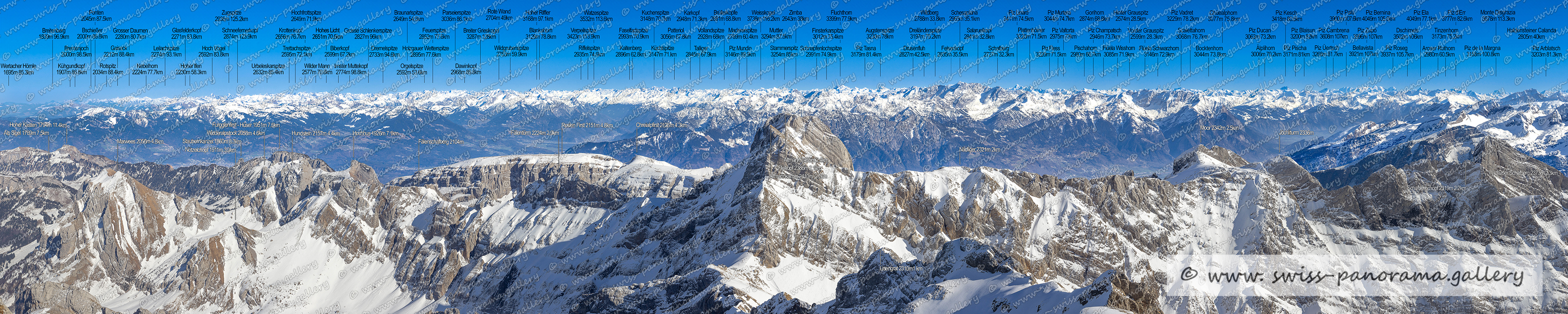 Beschriftetes Alpenpanorama, Säntis von den Bayrischen Alpen mit Hochvogel und der Zugspitze bis zur Bernina Gruppe, Beschriftetes Schweizer Alpenpanorama Säntis, High resolution panorama photos from Switzerland, Panoramic picture of the Swiss Alps, Panoramic photos of the Swiss Alps, Beschriftetes Panorama Säntis, Swiss Alps, swiss-panorama.gallery, famous Swiss Alps, Swiss Panorama Gallery, labelled mountain panorama from Switzerland, mountain panoramas from Switzerland, Panoramic photo of the Swiss mountains,  Iconic Swiss Alps, Hoch Vogel, Schneefernerkopf, Leilachspitze 2274m A-Tirol, Gaiseck 2212m D - Allgäuer Alpen, Hoher Ifen, Glasfelderkopf 2271m  Deutschland/Österreich, Rotspitz 2034m D - Allgäu 80.8km, Nebelhorn 2224m D – Allgäu, Ponten 2045m Allgäuer Alpen , Grosser Daumen 2280m 80.7km D - Allgäuer Alpen, Bschießer 2000m 86.8km auch Bscheißer genannt 2000m 86.8km, Breitenberg 1838m 96.9km D – Allgäu, Brentenjoch 2000m 98.5km A – Tirol, Wertacher Hörnle 1695m 85.3km, Urbeleskarspitze 2632m 85.4km A – Tirol, Zugspitze, Wasserfallkarspitze 2557m 86.8km, Trettachspitze 2595m 72.1km, Krottenkopf 2656m 76.7km, Hochfrottspitze 2649m71.9km, Hohes Licht 2651m 70.5km, Biberkopf 2599m 67.2km, Wilder Mann 2577m 70.8km, Imster Muttekopf 2774m 98.8km Lechtaler Alpen, Grosse Schlenkerspitze 2827m 96km, Dremelspitze 2733m 94.6km, Orgelspitze 2592m 53.6km, Dawinkopf 2968m 85.8km, Braunarlspitze 2649m 54.5km Lechtaler Alpen, Watzespitze 3532m 113.6km Ötztaler Alpen, Breiter Grieskogel 3287m 128km Stubaier Alpen, Wildgrubenspitze 2753m 59.9km, Holzgauer Wetterspitze 2895m 77.67km , Feuerspitze2852m 77.6km, ,  Riffler 3168m 79km, Rote Wand 2704m 49km, Parseierspitze 3036m 86.1km Lechtaler Alpen, Faselfadspitze 2993m 70.9km, Küchlspitze 3147m 71.1km, Kaltenberg 2896 62.8km, Riffelspitze 2935m 74.6km, Blankahorn 3129m78.8km, Verpeilspitze 3423m, Küchlspitze 3147m 71.1km, Kuchenspitze 3148m 70.7km, Karkopf 2948m 71.3km, Patteriol 3056m 67.8km, Talliger 2845m 67.9km, Vollandspitze 2928m 68km, Brüllerköpfe 2881m 68.8km, Piz Mundin 3146m 89-9km, Schrottenkopf 2890m 67.7km Österreich, Weisskogel 3738m 116.2km, Muttler 3294m 87.5km, Stammerspitz 3254m 85km auch Piz Tschütta genannt, Schnapfenlochspitze 2991m 74.9km, Zimba 2643m 38km, Walschavieler Maderer 2769 A - Vorarlberg 60.4km auch Madererspitze genannt, Drusenfluh 2827m 42.5km    Schweiz / Österreich, Fluchthorn 3399m 77.8km, Finsterkarspitze 3012m 75.4km, Krone 3188m 79.1km, Piz Tasna 3179m 81.4km   CH – Graubünden, Augstenspitze 3230m 78km  (Nördliche Augstenspitze) auch Piz Blaisch Lunga genannt A - Tirol  CH – Graubünden, Felsenkopf 2835m beim Gipfel Schesaplana, Dreiländerspitze  3197m 75.2km, Wildberg Scheseplana 2788m 33.8km, Piz Linard 3411m 74.5km, Schafberg 2727m 32.3km, Schesaplana2965m 35.1km Graubünden / Österreich, Salaruelkopf 2841m 32.8km, Plattenhörner 3220m 71.5km, Unghürhorner 2994m 70.3km, Pischahorn (GR) - Klosters GR 2980m GR, Rosställispitz 2929m, Piz Fless 3020m, Piz Murtera (GR) - Zernez 3044m, Gorihorn|Isentällispitz (GR) - Klosters 2874m GR, Piz Valtorta 2975m, Piz Champatsch (GR) - Zernez 2946m, Flüela Wisshorn 3085m GR 71.9km, Hinter Grauspitz 2574m 28,5km Liechtenstein, Vorder Grauspitz, Flüela Schwarzhorn 3146m GR 72.9km, Scalettahorn 3068m 76.7km, Piz Vadret 3229m GR  78,2km, Augstenhüreli  (GR) - Davos 3027m, Bocktenhorn (GR) - Davos 3044m  auch Bocktehora genannt, Passhöreli (GR) - Davos 2965m GR, Piz Ducan 3063m 73.2km, Piz Pischa 3171m GR 81km, Piz Blaisun 3200m GR 82km GR, Älplihorn 3006 70,2km, Chüealphorn (GR) - Davos (GR) 3077m GR  auch Chüealphora genannt, Piz Pischa, Piz Üertsch (GR) - Bergün Filisur 3268m GR 81.7km, Piz Cambrena 3606m 107.4km, Piz Palü Ostgipfel 3883m GR, Bellavista Orientale 3799m GR, Bellavista Hauptgipfe. Kopie, Piz Bernina 4049m  105.6km, , Aroser Rothorn (GR) - Lantsch/Lenz 2980m 60.5km, Dschimels I Gemelli 3502m 106km, Punta della Sella, Piz Mitgel 3158, (GR) - Surses 74.3km, Piz Ela, Piz d'Err 3377m (GR) - Surses 82.6km, Tinzenhorn 3173m  Corn da Tinizong (GR) - Bergün Filisur, Lenzer Horn (GR) - Lantsch/Lenz 2905m 63,1km, Monte Disgrazia 3678m 113.3km, Cima di Rosso 3366m 108.7km, Haldensteiner Calanda 2805m 40km, Piz de la Margna 3158m 100.8km,