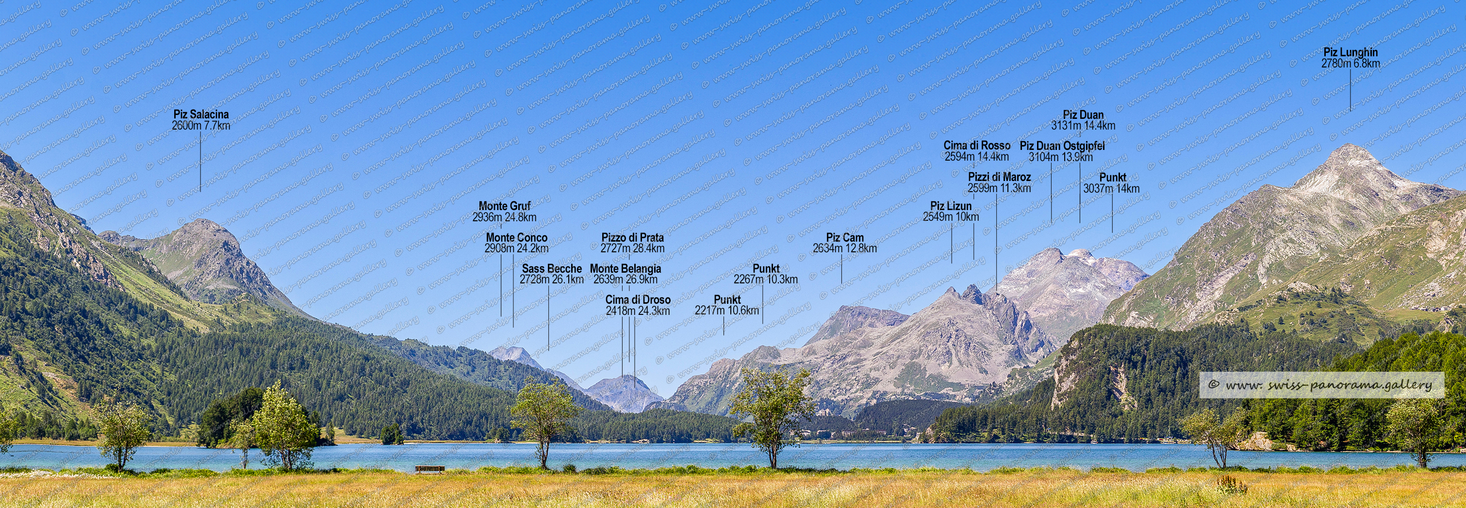 swiss panorama gallery Engadiner Seeen Silvaplanersee panorama Lake Silvaplana Upper Engiadina Lakes Area Piz Salacina 2'599 m (11 km), Piz Fedoz 3'190 m (11 km), Piz de la Margna 3'159 m (9 km), Furtschellas 2'932 m (4 km), Piz Corvatsch 3'458 m (5.5 km), Piz Mortel 3'442 m (5 km), Munt Arlas 3'129 m (4 km), Piz San Gian 3'134 m (4 km), Piz Surley 3'188 m (9 km)