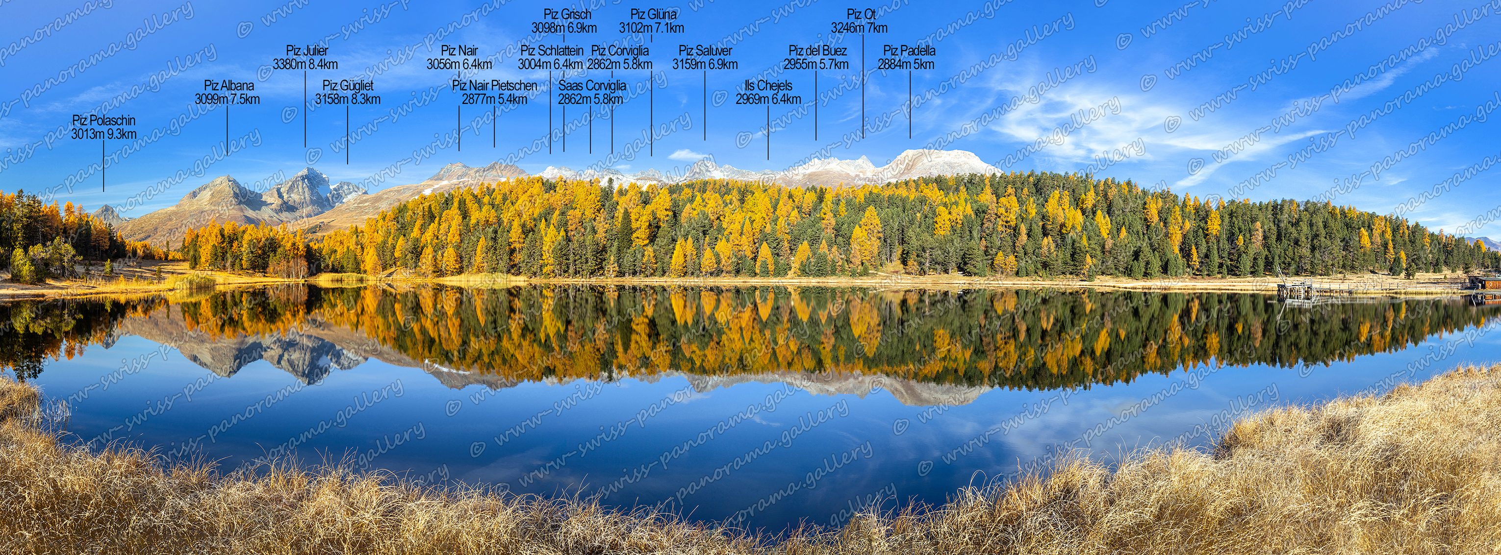swiss panorama gallery Stazersee panorama  Bergpanorama Upper Engiadina Lakes Area Panorama, Schweizer Alpenpanorama, Lej da Staz, Piz Nair 3056m 6.4km, Piz Schlattein 3004m 6.4km, Piz Glüna 3102m 7.1km, Piz Corviglia 2862m 5.8km, Piz Grisch 3098m 6.9km  , Piz Saluver 3159m 6.9km, Piz Padella 2884m 5km  , Piz Ot 3246m 7km, Piz del Buez 2955m 5.7km, Ils Chejels 2969m 6.4km, Saas Corviglia 2862m 5.8km, Piz Nair Pietschen 2877m 5.4km, Piz Albana 3099m 7.5km, Piz Julier 3380m 8.4km, Piz Gügliet 3158m 8.3km, Piz Polaschin 3013m 9.3km, 