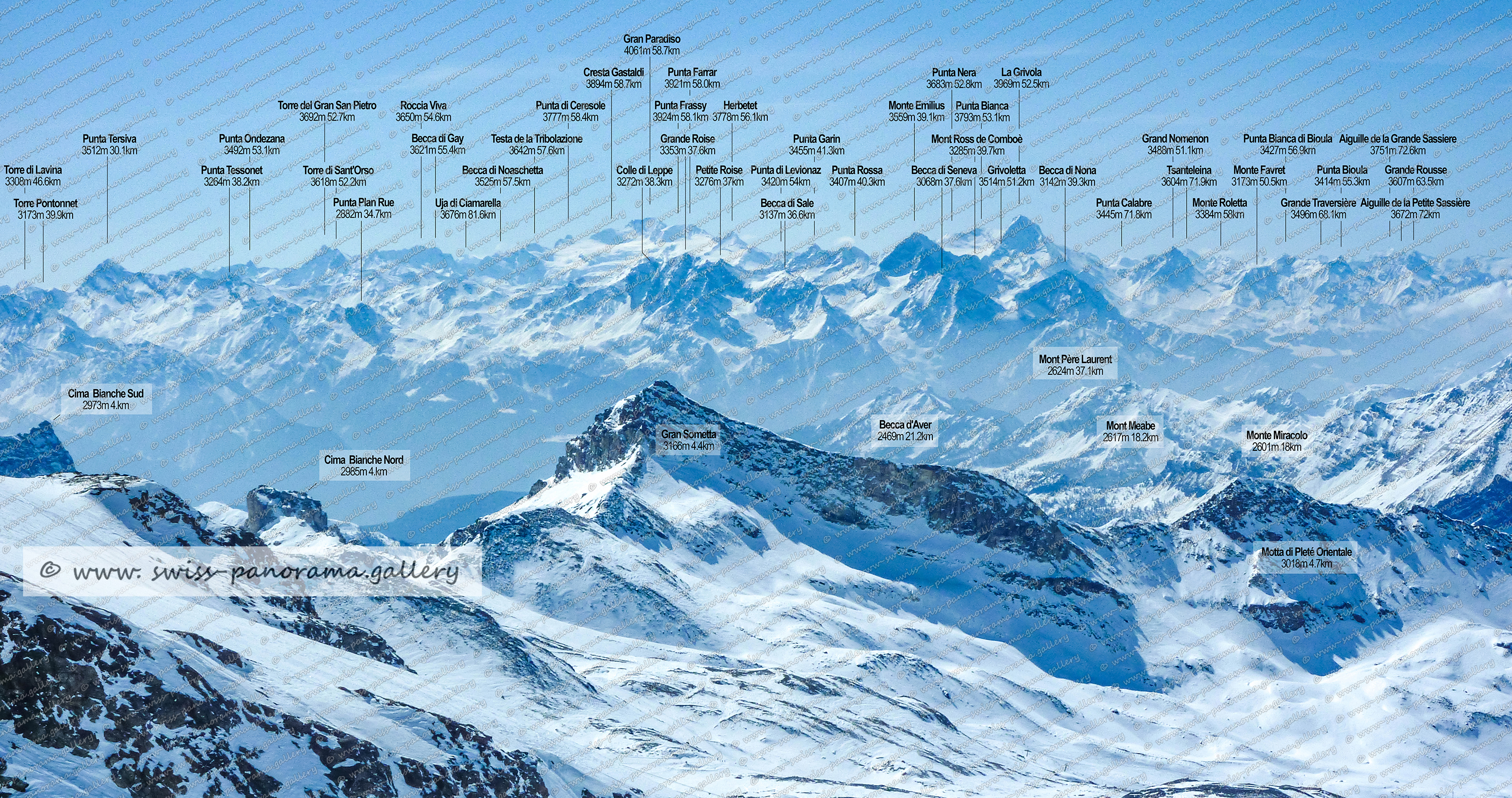 Switzerland Zermatt Klein Matterhorn panorama und Fernsicht, Gran Paradiso, Schweizer Alpenpanorama Matterhorn Becca di Sale 3137m, Petite Roise 3276m,,Colle di Leppe 3272m, Grande Roise 3353m, Punta Rossa. 3407m, Gran Sometta 3166m, Punta di Levionaz 3420m, Punta Garin 3455m, Uja di Ciamarella 3676m, Becca di di Noaschetta 3525m, Punta di Ceresole 3777m, Punta Frassy 3924m, Cresta Gastaldi 3894m, Gran Paradiso 4061m, Becca d'Aver 2469m, Mont Meabe 2617m, Motta di Pleté Orientale 3018m, Monte Miracolo 2601m, Becca di Seneva 3068m, Mont Ross de Comboè 3285m, Mont Père Laurent 2624m, Becca di Nona 3142m, Grivoletta 3514m, Punta Bianca 3793m, Punta Nera 3683m, La Grivola 3969m, Monte Emilius 3559m, Monte Favret 3173m, Cima Bianche Sud 2972m, Cima Bianche Nord 2985m, Punta Calabre 3445m, Monte Roletta 3384m, Monte Roletta 3384m 58km, Tsanteleina 3604m, Grand Nomenon 3488m, Punta Bioula 3414m, Grande Traversière 3496m, Punta Bianca di Bioula 3427m, Aiguille de la Petite Sassière 3672 m, Grande Rousse 3607m 63.5km, Aiguille de la Grande Sassiere 3751m, Torre Pontonnet 3173m, Torre di Lavina 3308m,  Punta Tessonet 3264m, Punta Ondezana 3492m, Punte Tersiva 3512m, Roccia Viva 3650m, Torre del Gran San Pietro 3692m
